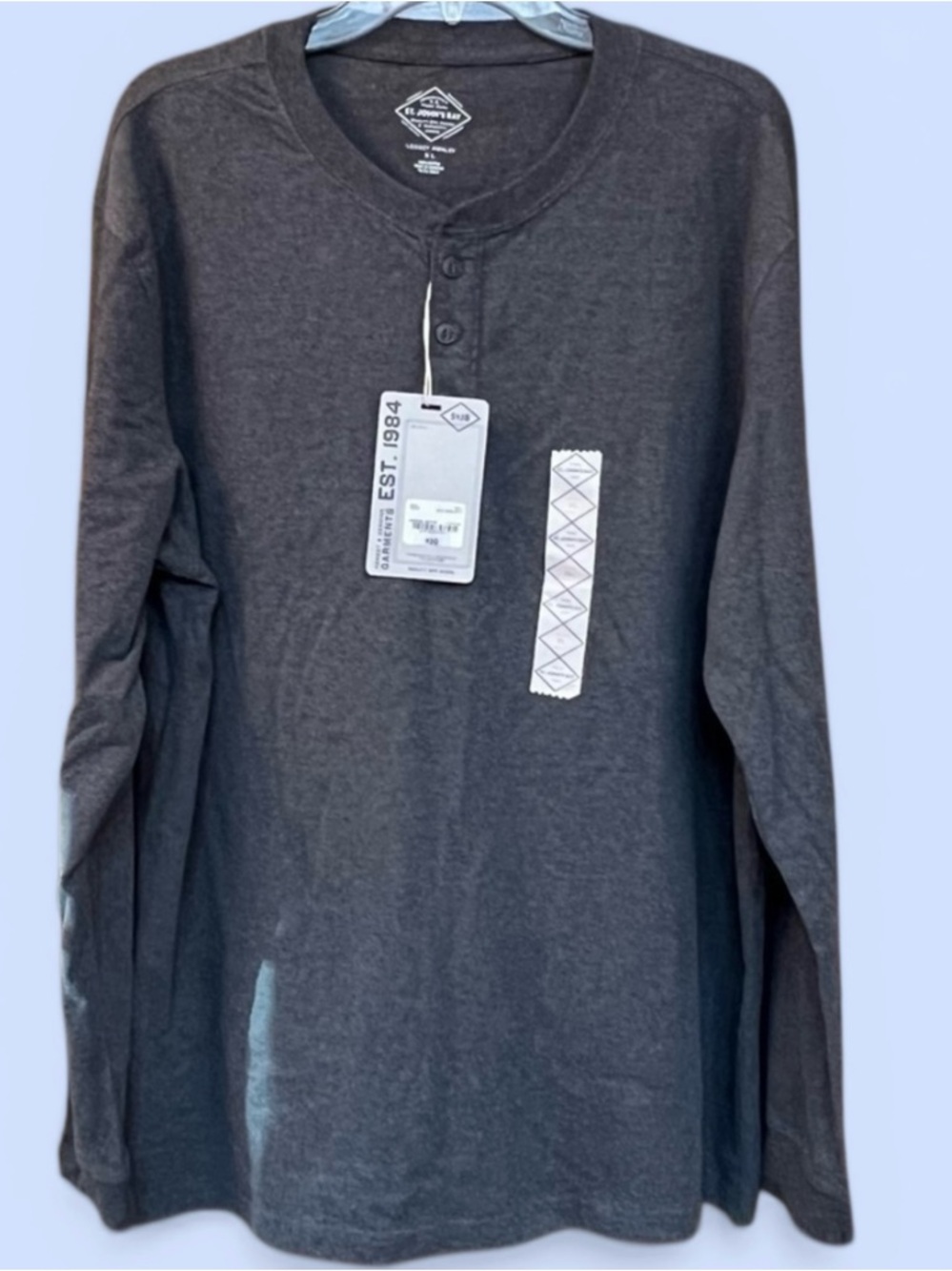 St John’s Bay Legacy Henley Mens XL‎ Charcoal Heather Long Sleeve Shirt Soft NWT